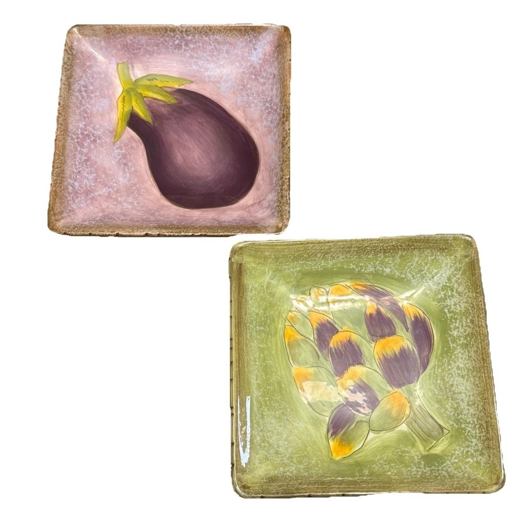 Clay Art Eggplant Artichoke Plates Set 2 Hand Painted Square‎ Dish Decor